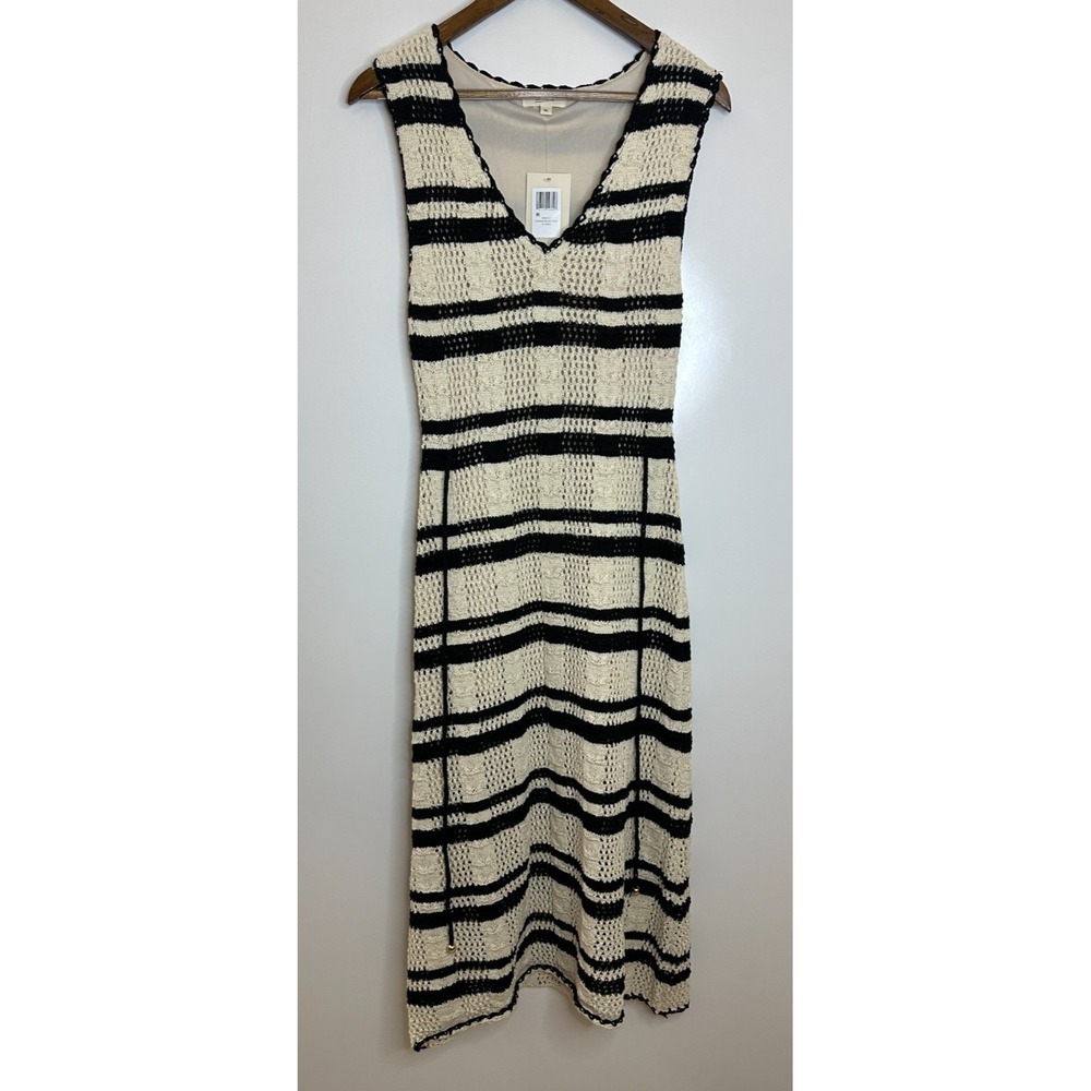 New Elan Stripe Cotton Blend Midi Cover-Up Dress Crochet Natural Black Size XL - Picture 2 of 16
